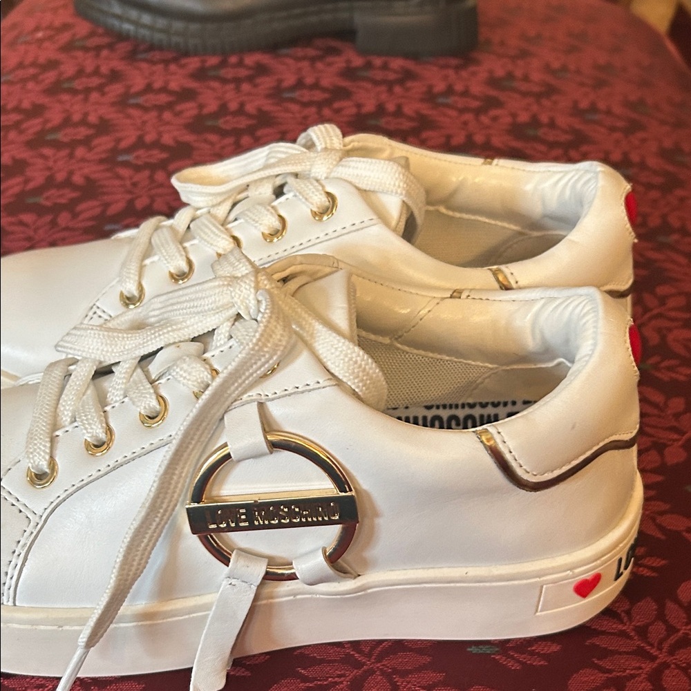 Love Moschino White Sneakers with Red Heart Accents